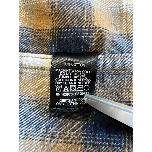 OBEY WORLDWIDE Flannel Shirt Women's Small Tan Blue Cropped Raw Hem Grunge Punk - Picture 8 of 12